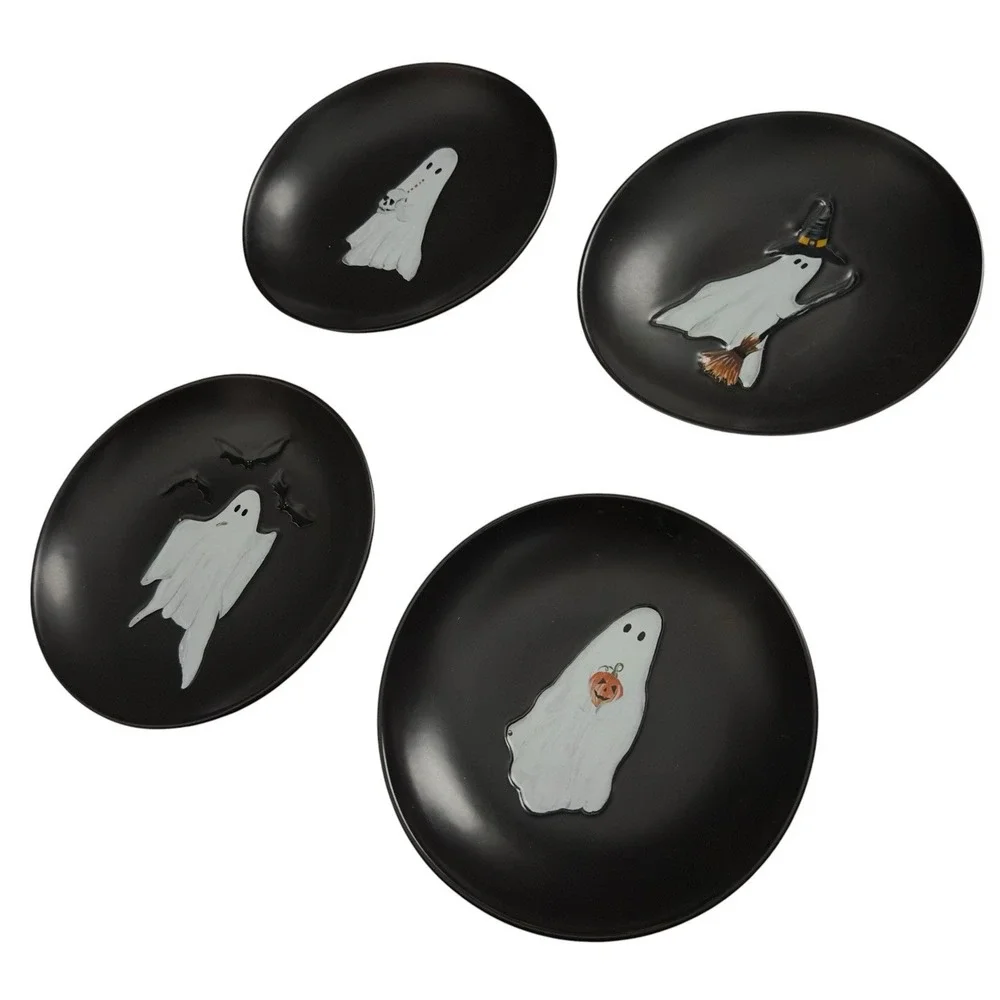 Pottery Barn Scary Squad Halloween Ghost Appetizer Plates Set of 4 Ceramic